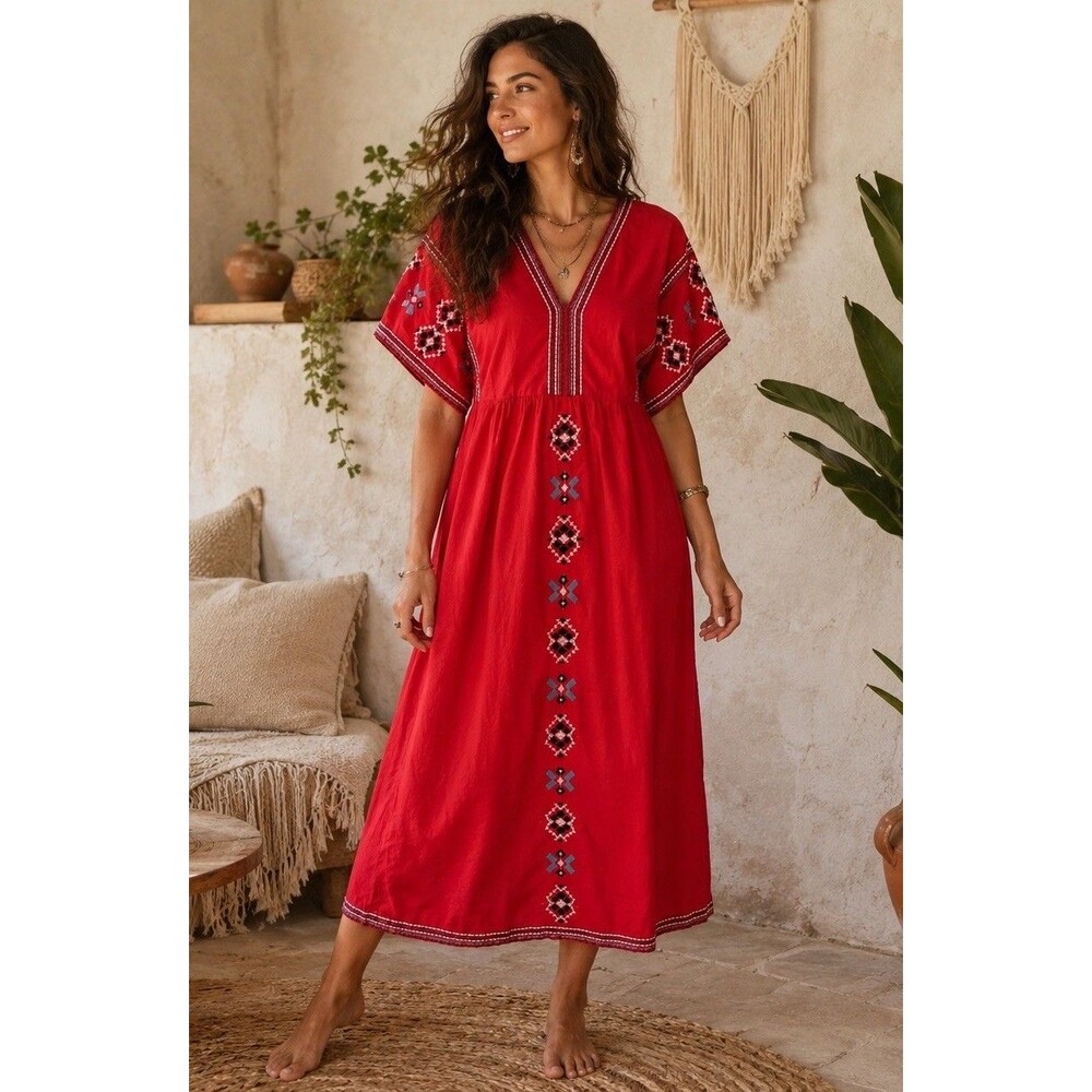 Zara Boho Midi Peasant Dress Red Embroidered Cotton Size Small